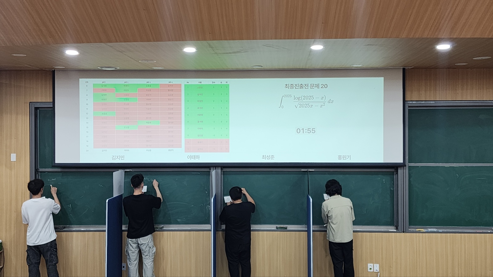 스크린의 좌측에는 참가자들의 점수, 등수가 자동으로 계산되어 보여집니다. 우측의 문제 타이머는 진행자가 조작 가능합니다.